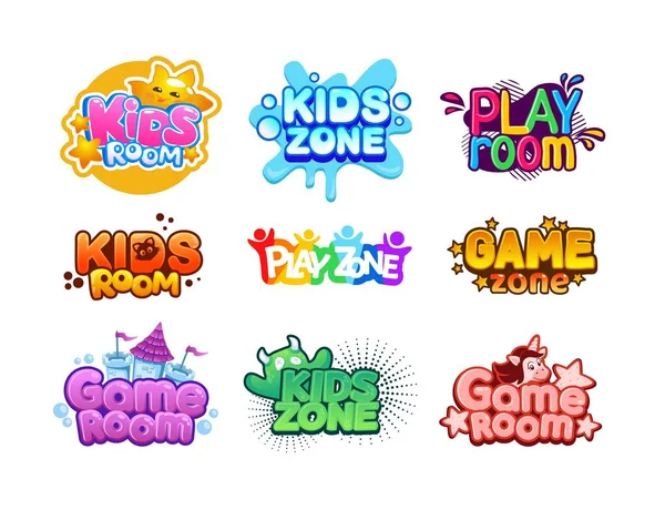 Zona de crianças. Desenhos animados para crianças. Conjunto de logotipo do parque infantil divertido. Bandeiras de salas de jogos engraçadas. Adesivos tipográficos coloridos com letras. Vector área de lazer do bebê para jogos —  Vetores de Stock