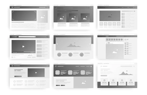 Diseño de página web. Ventanas del wireframe del sitio web. Interfaces monocromáticas con marcos en blanco. Redes sociales plantillas de interfaz de usuario. Estructuras del salpicadero. Conjunto de prototipos de servicio de Internet vectorial — Vector de stock