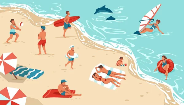 Gente en la playa de verano. Hombres y mujeres descansan en la orilla del mar. Personas felices tomando el sol o surfeando. Los chicos juegan con la pelota. Chica construye castillo de arena. Actividades al aire libre en el mar. Ilustración vectorial — Vector de stock