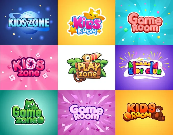 Zona dos bebés. Crianças playroom desenhos animados banners. Cartazes coloridos com letras e mascotes engraçados. Salas de entretenimento. Parques infantis para meninos e meninas. Vector quadrado brilhante folhetos mockup —  Vetores de Stock