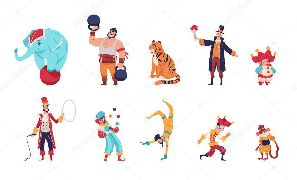 Circus characters. Cartoon clowns. Juggler throws balls. Acrobat and magician shows tricks. Animal trainer with elephant and tiger or funny monkey. Vector cirque performance actors set
