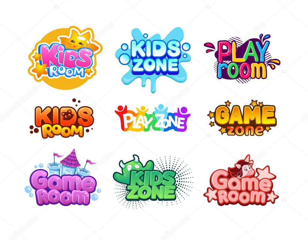 Kids zone. Cartoon children playroom. Entertaining playground logo set. Funny play rooms banners mockup. Colorful typographic party isolated stickers with lettering. Vector baby leisure area for games