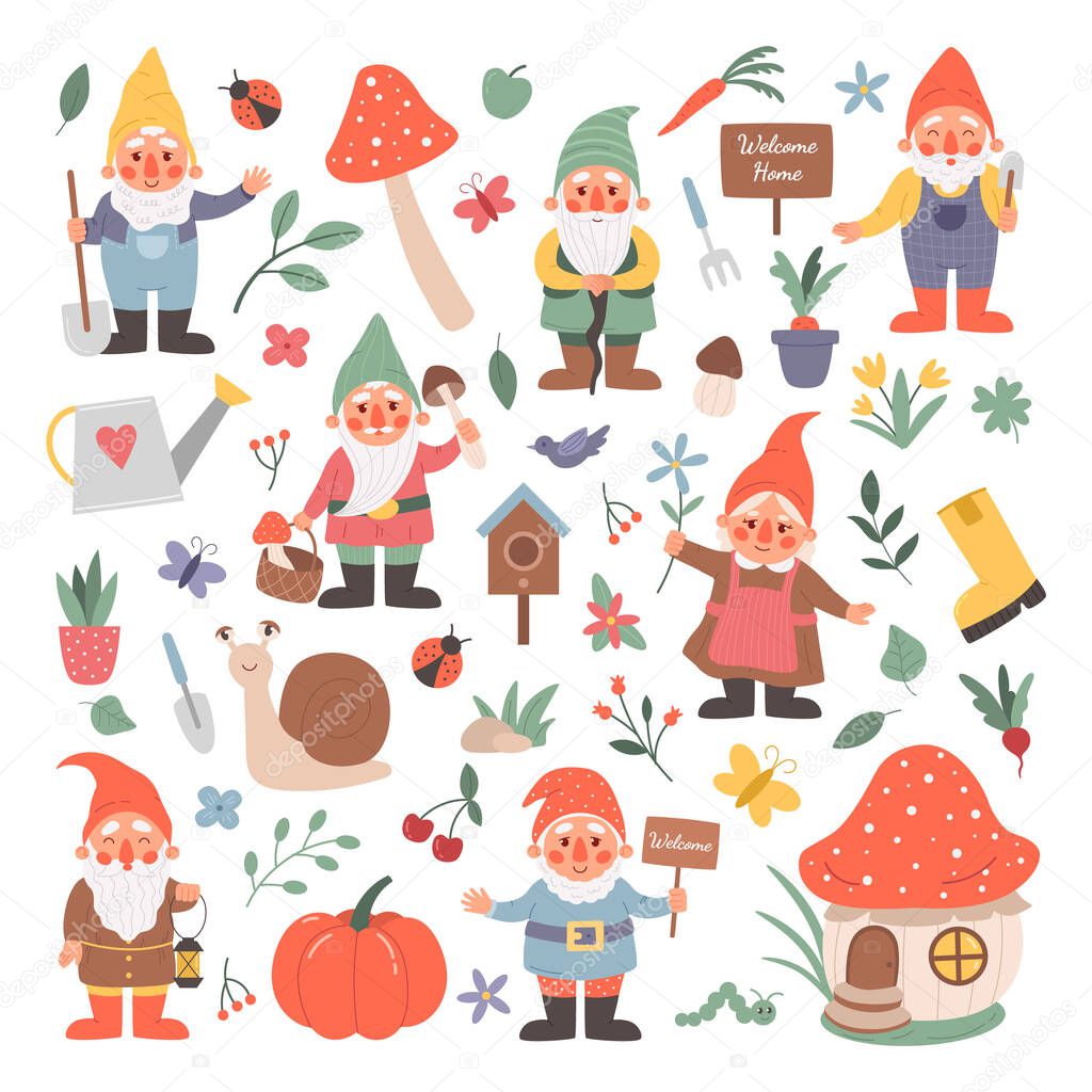 Garden gnomes. Cartoon fairy tale creatures with flowers and mushrooms. Isolated fictional characters set and floral decorative elements. Vector dwarfs holding agricultural instruments