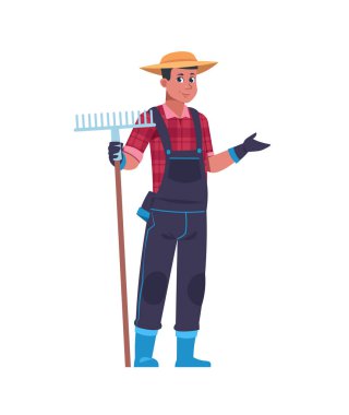 Tırmıklı çiftçi. Karikatürist elinde bahçe malzemesi tutuyor. İzole edilmiş erkek işçi üniforması ve şapka giyer. Tarım işçisi hasat ediyor. Metal tarım aleti. Vektör bahçıvan