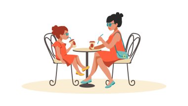 Anne ve kızı kafede. Çizgi filmdeki çocuklu kadın birlikte vakit geçiriyor. Anne ve kız restoranda içki içiyorlar. Dışarıdaki masada oturan insanlar. Vektör aile yaz tatili