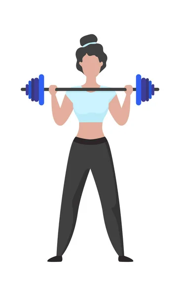 Vrouw aan het trainen. Cartoon vrouwelijke heffen lange halter. Karaktertraining met sportuitrusting. Sportman die gewichten verhoogt in de sportschool. Bodybuilding of fitnesstraining. Vector actieve levensstijl — Stockvector