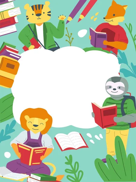 Animais e livros. Estudantes de desenhos animados estudando. Banner com espaço de cópia. Preguiça ou leão lendo livros. Educação infantil. Modelo de moldura bonito. Vector tigre e raposa voltar para a escola —  Vetores de Stock