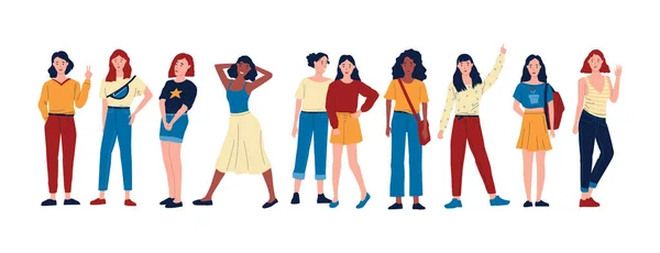 Donne diverse. Gruppo di cartoni animati di personaggi femminili felici in piedi insieme in pose diverse. Amicizia femminile. Giovani con gesti di saluto. Vettoriale multirazziale amici set — Vettoriale Stock