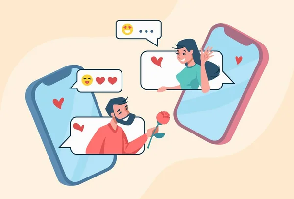 デートアプリ。オンラインチャットやソーシャルマッチアプリケーション。ロマンチックな会話といちゃつく。漫画のカップルはスマートフォンを使ってメッセージを書きます。ベクトルガールフレンドとボーイフレンド通信 — ストックベクタ