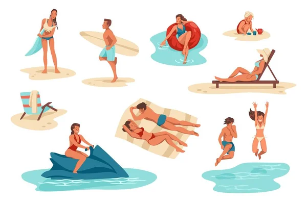 Gente de verano. Hombres y mujeres en la playa. Los turistas toman el sol en las tumbonas. Una pareja salta al agua. Las personas felices caminan con tablas de surf. Los niños construyen castillos. Descanso vectorial por mar — Vector de stock