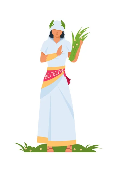 Demeter Yunan tanrıçası. Eski mitolojik karakter. Bereket ve tarım tanrısı. Beyaz elbiseli ve yeşil çelenkli kadın. Dişi bir demet bitki. Vektör Olimpiyat kutsallığı — Stok Vektör