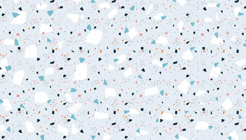 Terrazzo background. Abstract marble rock wallpaper with granite stone pieces. Mosaic concrete decorative texture. Blue surface and chaotic splinters and dots. Vector flooring tiles
