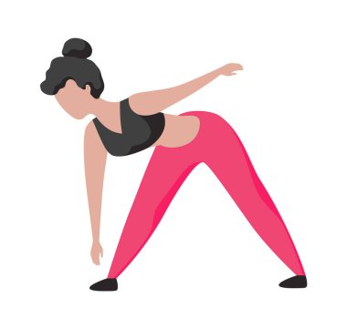 Spor aktivitesi. Çizgi filmdeki kadın spor salonunda egzersiz yapıyor. Gövde bükümü yapan bir sporcu. Fitness eğitimi. Esneme ya da zayıflama egzersizi. Spor giyim sektöründe kadın karakter. Sağlıklı yaşam biçimi