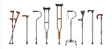 Gerçekçi bastonlar. Üç boyutlu baston ve koltuk değnekleri. Yaşlı ya da yaralı insanlar için tıbbi malzemeler. Kazadan sonra iyileşme ve rehabilitasyon için gerekli ekipman. Vektör çelik aksesuarlar ayarlandı