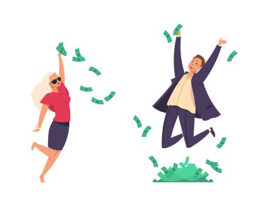 Zengin insanlar. Çizgi film milyonerleri para atıp zıplıyorlar. Uçan kağıt para. Mutlu adam ve kadın piyango kazandılar. Zengin karakterlerin neşesi. Vektör çift finansal başarı elde etti