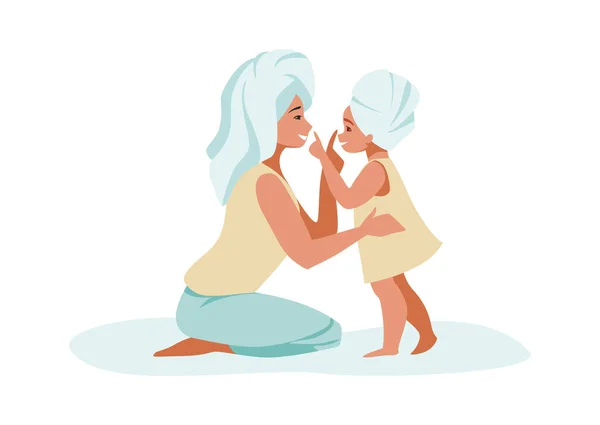 家庭场景。母亲和女儿一起呆在家里。卡通人物头上缠着毛巾洗澡后的女人和女孩从事整容手术的病媒 — 图库矢量图片