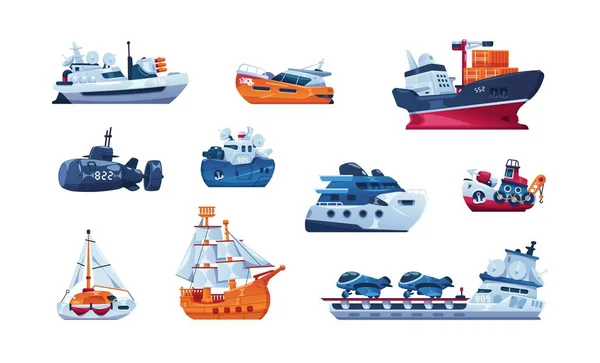 Çizgi film tekneleri. Deniz taşımacılığı. Balıkçı teknesi ve kargo gemisi. Tahta yelkenli. Komik denizaltı ve savaş gemisi. Feribot ya da vapur. Tekne gezisi. Vektör gönderimi veya yolcu gemileri ayarlandı — Stok Vektör