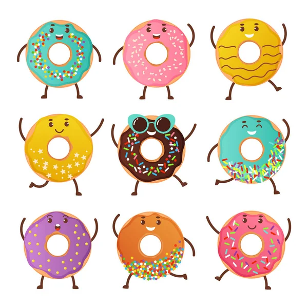 Personajes de donuts felices. Caricatura dulces postres redondos. Mascotas sonrientes agitando las manos. Set de productos horneados decorados con esmalte colorido y chocolate. Vector de confitería alegre — Vector de stock