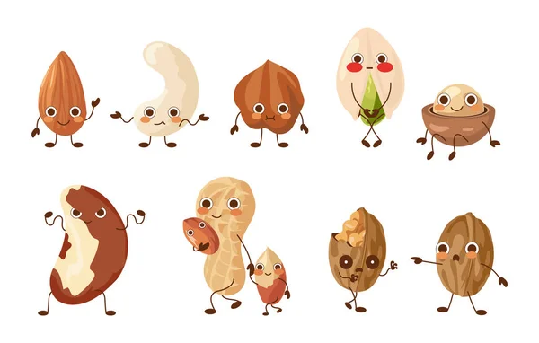 Personnages de noix de dessin animé. Mignonnes mascottes alimentaires. Drôle de noix et de pistache. Macadamia ou cacahuète. Noisettes ensemble avec diverses expressions et poses. Des collations diététiques. Vecteur alimentation saine — Image vectorielle