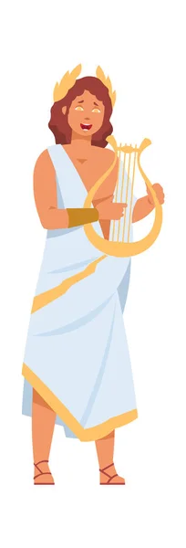 Grekiska guden Apollo. Tecknad antika Grekland gudom konst. Gudomlig man spelar lyra. Religiös manlig karaktär i vit toga och gyllene krans. Vektor person med guld musikinstrument — Stock vektor
