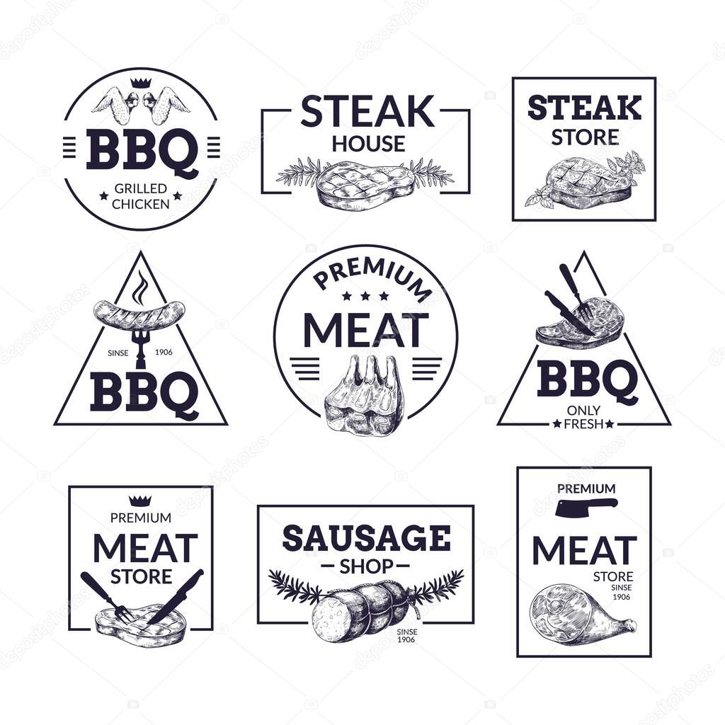 Meat logo. Hand drawn steakhouse, butchery and market labels with sausages or pork slices sketches. Premium food. Isolated barbeque restaurant signboards template. Vector black and white stamps set