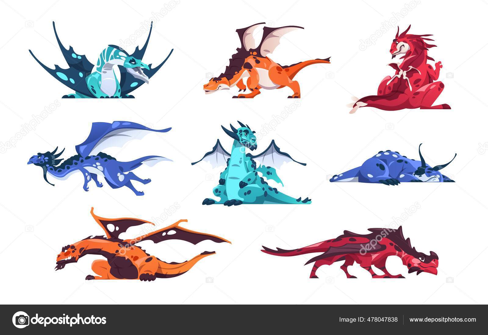 Dragões E Dinossauros Dos Desenhos Animados. Conjunto De