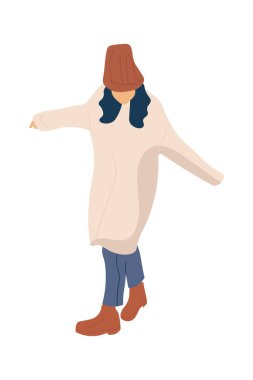 Modayı takip eden kadın. Çizgi film kızı yalnız yürüyor. Ayrı yaşayan biri modern, kalın kıyafetler ve şapka giyer. Kadın karakter dışarıda vakit geçirir. Sevimli genç el sallıyor. Vektör kentsel kıyafet