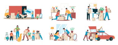 İnsanlar taşınıyor. Aileler taşınıyor. Ebeveynler ve çocuklar kutu paketliyor. Erkekler taşınmak için konteynır veya mobilyaları araçlara yükler. Evden ayrılan karakterler. Vektör yer değiştirme