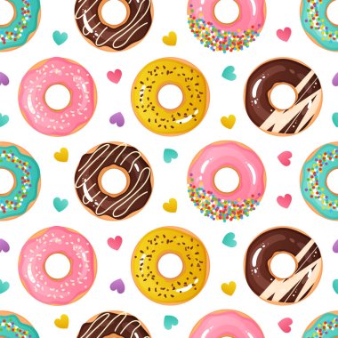 Donut deseni. Tatlı tatlıların pürüzsüz dokusu. Lezzetli çörekler. Çizgi film şekerleme ve renkli kalp konfetileri. Lezzetli yemek. Güzel ambalaj kağıdı şablonu. Vektör arkaplanı