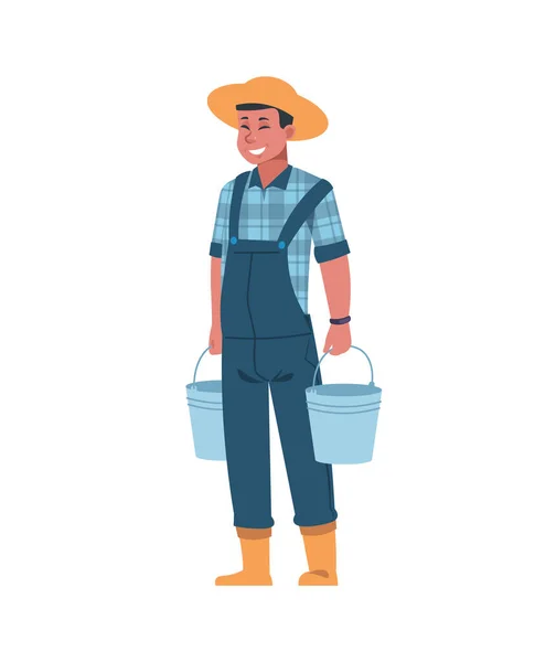 Farmer with buckets. Cartoon agricultural worker carrying gardening instruments. Happy man holding metal baskets. Young gardener takes care or plants. Vector male character harvesting — Stock Vector