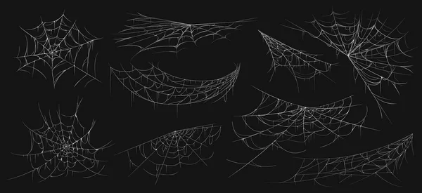 Realistická pavučina. Děsivé pavučiny. Izolované sítě proti hmyzu. Halloween dekorace prvky řádek set. Arachnidské sítě. Visící bílé strašidelné pavoučí nitky. Šablony vektorové přírodní mřížky — Stockový vektor