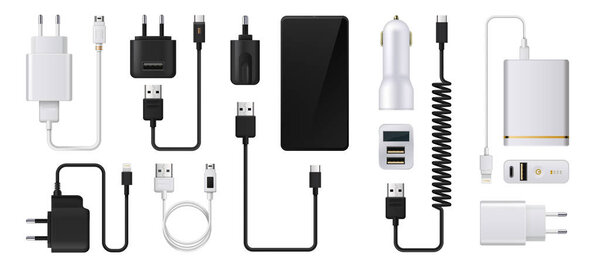 Phone charger. Realistic smartphone power supply. 3D USB cables and electric plugs. Auto adaptors for charging devices. Power cords. Vector digital equipment for accumulator refuels