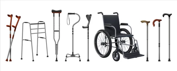 现实的轮椅和手杖。为肌肉骨骼损伤患者提供3D医疗用品。走路用的手杖康复人员和拐杖。为残疾人士而设的病媒道具 — 图库矢量图片