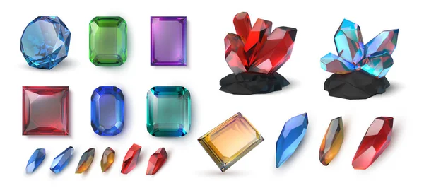 Gemas realistas. Piedras preciosas y joyas facetadas. Cristales minerales 3D. Topacio brillante y amatista. Rubí brillante o zafiro. Esmeralda de lujo. Tesoro vectorial y conjunto de joyas mágicas — Vector de stock