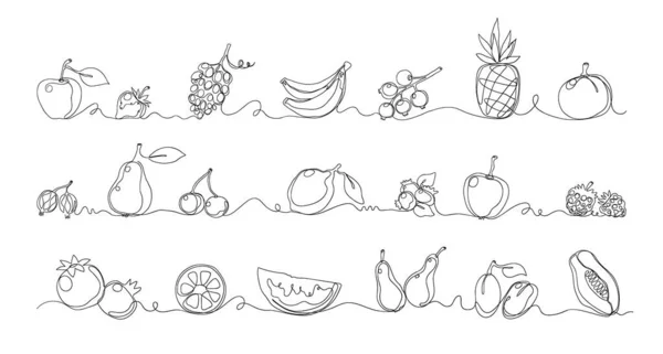 Une seule ligne de fruits. De la nourriture exotique. Plantes tropicales bordures fixées. Croquis monolinique contemporain. Melon juteux et pastèque. Jolie baie. Grenade ou ananas. Ensemble d'éléments décoratifs vectoriels — Image vectorielle