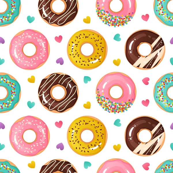 Padrão de donuts. Textura sem costura de sobremesas doces. Donuts saborosos. Confeitaria de desenhos animados e confeitaria coração colorido. Comida deliciosa. Modelo de papel de embrulho bonito. Fundo vetorial — Vetor de Stock