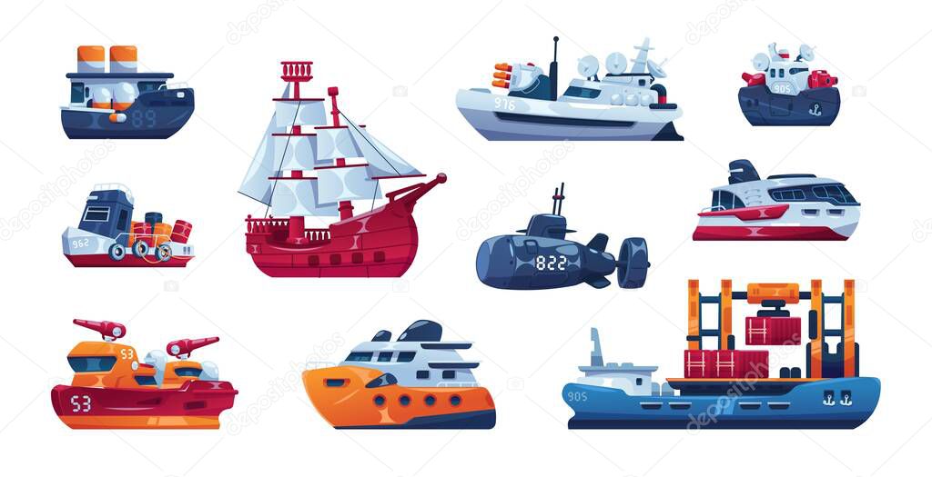 Cartoon ship. Passenger and cargo sea transport. Funny steamboat sails on water. Fishing trawler or submarine. Sailing vessel and cruise yacht. Marine transportation. Vector boats set