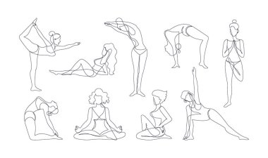 Çizgi sanatçısı kadın vücudu. Sürekli genç kız yogası pozları. Spor eğitimi. Kadın figürleri seti. İnsanlar Asana 'da meditasyon yapıyor ve ayakta duruyorlar. Alıştırma yapan vektörler
