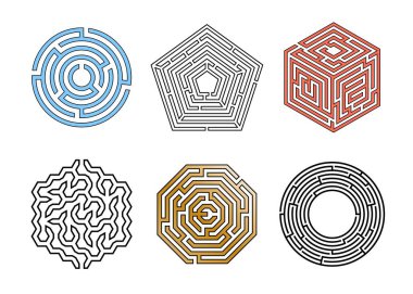 Labirent oyunu. Bulmacanın çıkış yolu. Zihinsel egzersiz. Çokgen ve yuvarlak labirentler. Doğru yolda ve çıkmazda çocuklar mantık yürütür. Yapboz elementleri. Çeşitli şekillerde vektör bulmacaları ayarlandı