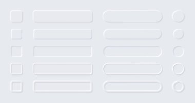 Neumorfik UI düğmeleri. Girdi alanları ile modern minimal web düzeni. Kare veya yuvarlak arayüz elementleri. Beyaz grafik şekilleri ayarlandı. Gölge ve kopyalama alanı olan vektör dijital simgeleri