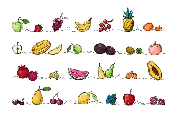 Fruits continus. Nourriture tropicale. Monoline croquis bordure de produits naturels exotiques ensemble. Ananas et papaye. Grenade douce ou raisin. Pastèque juteuse. Vecteur baies d'été — Image vectorielle