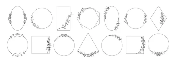 Laurel çerçevesi. Dalları ve yaprakları olan el yapımı bir çiçek çelengi. Zarif düğün daveti sınırları belirlendi. Dekoratif çiçek unsurları. Vektör geometrik boş pankartlar şablonları — Stok Vektör