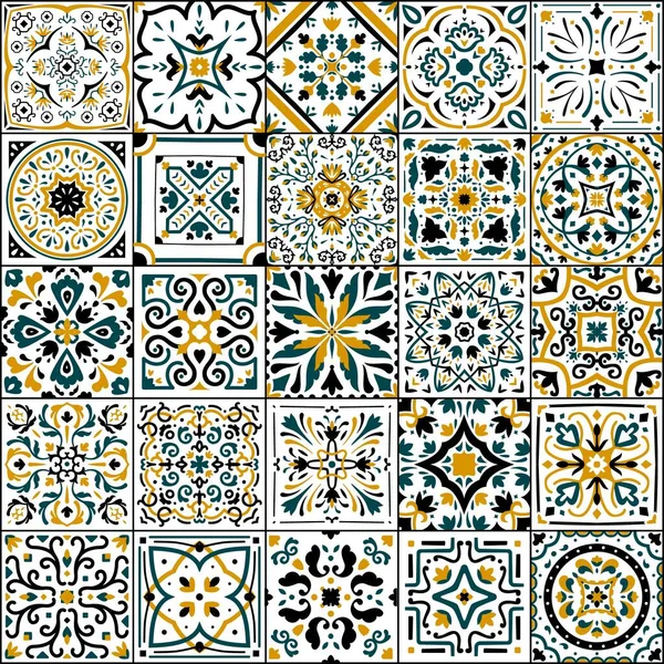 Azulejo. Pacotes nacionais espanhóis e portugueses. Padrão de flores ornamentais. Cobertura arabesca antiga. fundo mosaico tradicional com elementos florais. Vector piso oriental —  Vetores de Stock