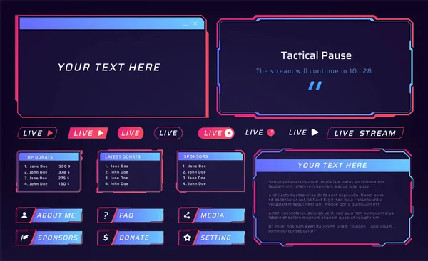 Interfaz de transmisión en vivo. Marcos de IU para videoconferencia. Botones y lista de patrocinadores. Pantalla de pausa técnica. Reproductor multimedia. Fronteras en blanco con espacio de copia. Conjunto de elementos vectoriales — Vector de stock