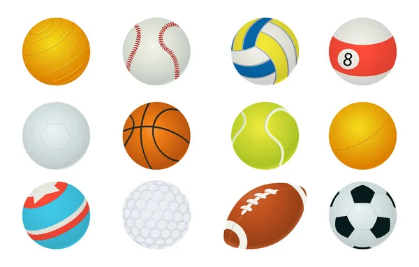 Pelotas deportivas. Dibujos animados de fútbol y béisbol, rugby o baloncesto esferas de juego. Inventario de hobby activo. Herramientas profesionales para tenis, billar y golf. Equipo de fitness, juego de vectores — Vector de stock