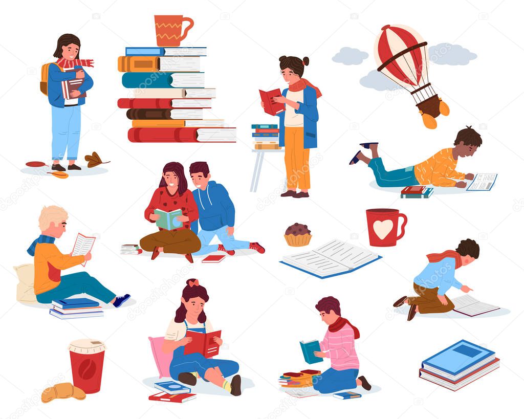 Children reading books. Cartoon kids with piles of textbooks. Little literature fans. Happy bookworms. Clever boys and girls studying at home. Isolated pupils set. Vector education