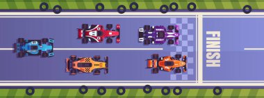 Yarış. Çizgi film Formula 1 yarışması. Yolda giden yarış arabalarının en üst görüntüsü. Bolides bitiş çizgisini geçiyor. Yüksek hızlı ulaşım şampiyonası. Vektör otomobilleri trafiği