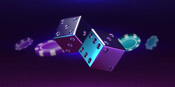 カジノの背景。現実的なサイコロのペアをスローし、チップを再生.豪華なギャンブル3D要素。虹色のホログラフィック効果を持つローリングキューブ。ベクトルオンライン賭けとリスクの高いゲーム — ストックベクタ