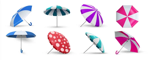 Parapluie. Parasols réalistes. Équipement 3D pour la protection contre la lumière du soleil ou la pluie. Vue de différents côtés sur la verrière à rayures côtières. Modèles de parasol piscine. Ensemble d'accessoires vectoriels — Image vectorielle