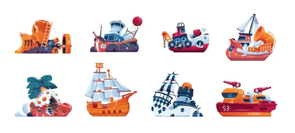 Çizgi film gemileri. Peri masalı tekneleri. Deniz gemileri. İzole edilmiş yolcu yatı ve savaş gemisi. Harika bir deniz nakliye koleksiyonu. Balıkçı tekneleri ya da yelkenli tekneleri. Vektör okyanus aracı ayarlandı — Stok Vektör